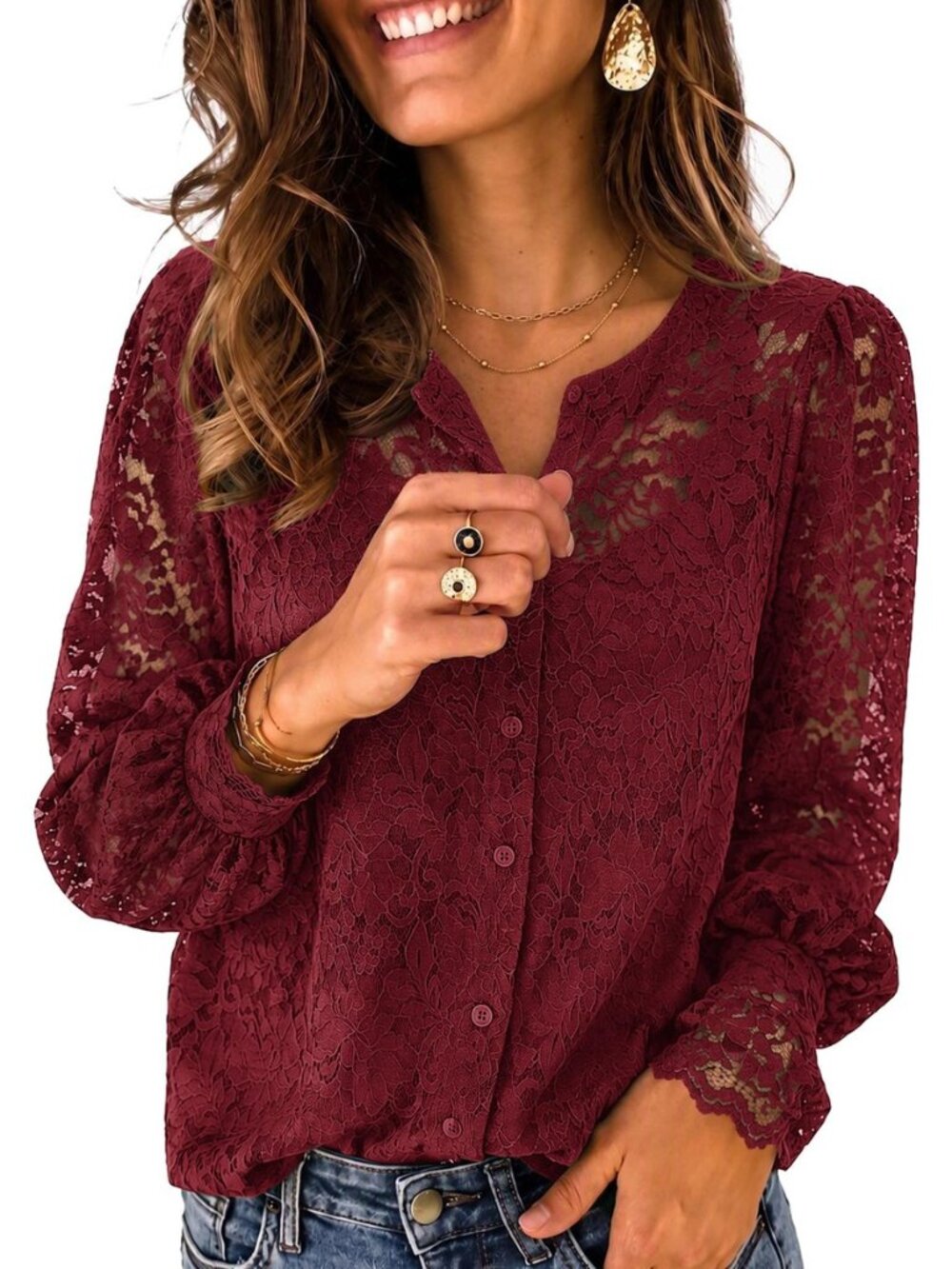 Long Sleeve Shirts for Women Lace Top Button Up Blouse Dressy Casual